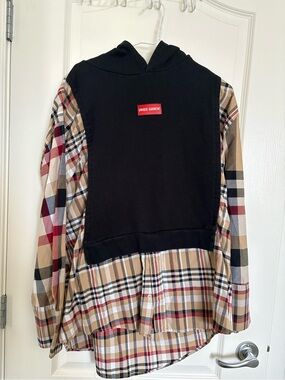 Zara Black Front Hoodie with Tan Plaid Back & Sleeves